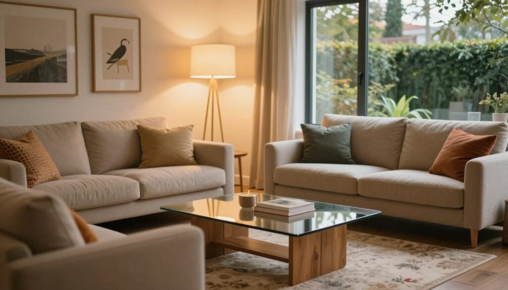 A cozy and inviting living room lounge area, showcasing a harmonious arrangement of modern furniture. In the foreground, a plush contemporary sofa in warm beige tones, adorned with colorful throw pillows. A sleek coffee table made of glass and wood sits atop a soft patterned rug. In the middle ground, a stylish armchair complements the sofa, positioned near a floor lamp that emits soft golden light, creating a warm atmosphere. On the walls, tasteful artwork enhances the aesthetic. In the background, large windows allow natural light to filter in, framing a view of a lush outdoor garden. The overall mood is relaxing and welcoming, perfect for a functional and cohesive seating area. Use soft focus for a dreamy effect and ensure balanced lighting throughout the scene. A cozy and inviting living room lounge area, showcasing a harmonious arrangement of modern furniture. In the foreground, a plush contemporary sofa in warm beige tones, adorned with colorful throw pillows. A sleek coffee table made of glass and wood sits atop a soft patterned rug. In the middle ground, a stylish armchair complements the sofa, positioned near a floor lamp that emits soft golden light, creating a warm atmosphere. On the walls, tasteful artwork enhances the aesthetic. In the background, large windows allow natural light to filter in, framing a view of a lush outdoor garden. The overall mood is relaxing and welcoming, perfect for a functional and cohesive seating area. Use soft focus for a dreamy effect and ensure balanced lighting throughout the scene.