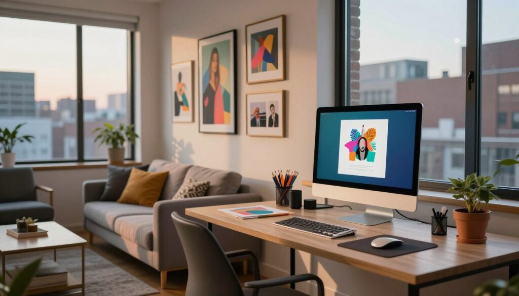 A cozy and modern living space of a popular internet creator, showcasing a blend of creativity and comfort. In the foreground, a stylish desk with a high-end computer and artistic supplies reflects a vibrant workspace. In the middle, soft lighting highlights a wall adorned with creative artwork and framed photos, representing personal achievements and collaborations. The background reveals a large window with a view of a bustling cityscape, hinting at the urban environment that inspires the creator’s work. The atmosphere is warm and inviting, infused with natural light during late afternoon, creating an encouraging ambiance for creativity. The entire setting conveys a sense of productivity and connection to the surrounding urban life, essential to the creator’s artistic journey.