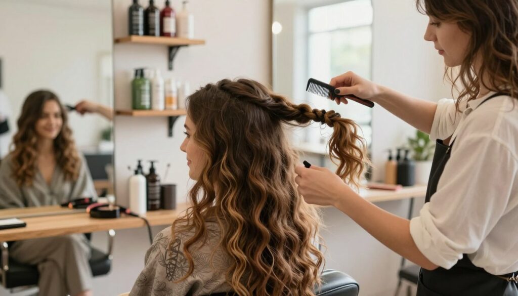 A cozy, bright salon setting with a stylist preparing hair for a boho hairstyle. In the foreground, a woman with long, wavy hair sits in a salon chair, smiling gently while the stylist, dressed in a stylish but modest outfit, carefully applies a leave-in conditioner. The stylist is holding a comb and surrounded by various hairstyling tools. In the middle ground, a mirror reflects the process, showcasing soft, natural light illuminating the woman's hair, enhancing its texture. In the background, shelves display eco-friendly hair products, adding to the bohemian aesthetic. The atmosphere feels inviting and serene, with a sense of creativity and preparation for beautiful, natural waves and loose braids. Shot with a 50mm lens, emphasizing the intimate salon moment. A cozy, bright salon setting with a stylist preparing hair for a boho hairstyle. In the foreground, a woman with long, wavy hair sits in a salon chair, smiling gently while the stylist, dressed in a stylish but modest outfit, carefully applies a leave-in conditioner. The stylist is holding a comb and surrounded by various hairstyling tools. In the middle ground, a mirror reflects the process, showcasing soft, natural light illuminating the woman's hair, enhancing its texture. In the background, shelves display eco-friendly hair products, adding to the bohemian aesthetic. The atmosphere feels inviting and serene, with a sense of creativity and preparation for beautiful, natural waves and loose braids. Shot with a 50mm lens, emphasizing the intimate salon moment.