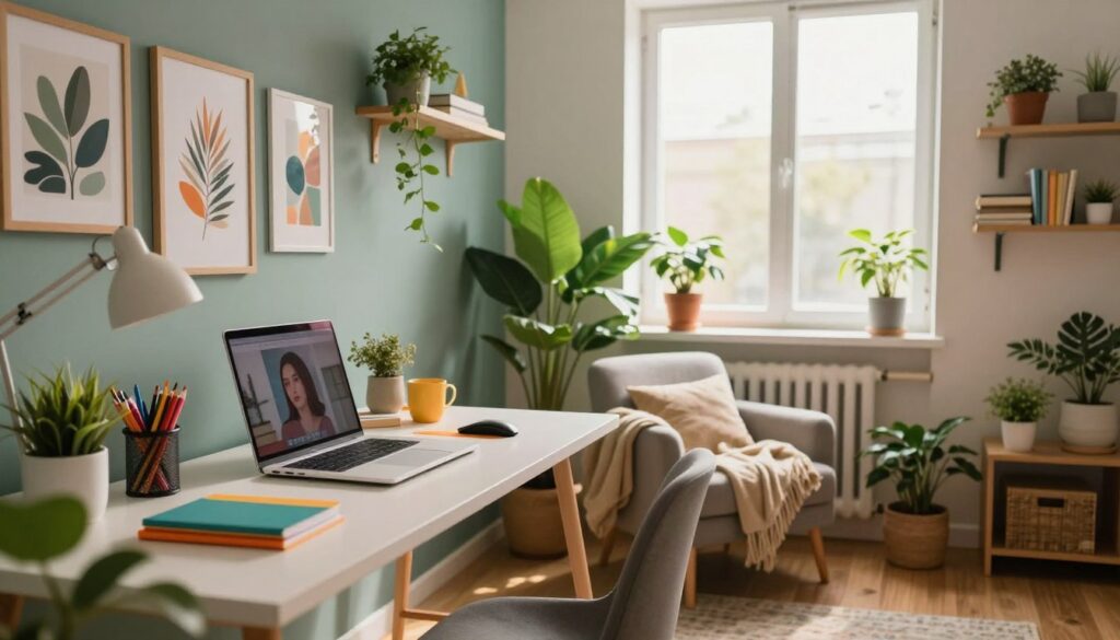 A cozy, creative workspace within a modern home, reflecting the essence of an internet creator. In the foreground, a stylish desk with a laptop, surrounded by colorful stationery and inspirational art pieces. In the middle, a comfortable armchair draped with a soft blanket, next to a large window letting in warm, natural light. Lush houseplants add a touch of nature. The background showcases a calming color palette on the walls, with shelves filled with books and creative materials. The scene captures a vibrant and inviting atmosphere, emphasizing creativity and productivity. Soft, diffused lighting enhances the welcoming vibe, giving a glimpse into a space where ideas flourish, inviting the viewer to explore the essence of a creative life. A cozy, creative workspace within a modern home, reflecting the essence of an internet creator. In the foreground, a stylish desk with a laptop, surrounded by colorful stationery and inspirational art pieces. In the middle, a comfortable armchair draped with a soft blanket, next to a large window letting in warm, natural light. Lush houseplants add a touch of nature. The background showcases a calming color palette on the walls, with shelves filled with books and creative materials. The scene captures a vibrant and inviting atmosphere, emphasizing creativity and productivity. Soft, diffused lighting enhances the welcoming vibe, giving a glimpse into a space where ideas flourish, inviting the viewer to explore the essence of a creative life.