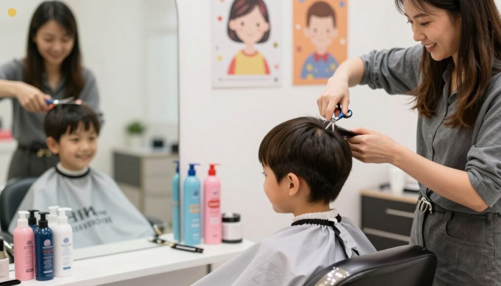 A cozy, inviting children's hair salon scene, focusing on a stylish haircut for a young boy around 7 years old. The boy, with shiny, silky hair, is sitting comfortably in a modern salon chair, smiling at his reflection. The stylist, a friendly woman wearing professional attire, is skillfully using scissors to trim the boy's hair into a trendy, easy-to-manage style. Around them, colorful hair products and playful decor set a cheerful atmosphere, with soft, natural lighting illuminating the space. In the background, playful posters of various hairstyles are visible. The image conveys a sense of creativity, comfort, and fun, perfect for showcasing easy hairstyles for school or summer. A cozy, inviting children's hair salon scene, focusing on a stylish haircut for a young boy around 7 years old. The boy, with shiny, silky hair, is sitting comfortably in a modern salon chair, smiling at his reflection. The stylist, a friendly woman wearing professional attire, is skillfully using scissors to trim the boy's hair into a trendy, easy-to-manage style. Around them, colorful hair products and playful decor set a cheerful atmosphere, with soft, natural lighting illuminating the space. In the background, playful posters of various hairstyles are visible. The image conveys a sense of creativity, comfort, and fun, perfect for showcasing easy hairstyles for school or summer.