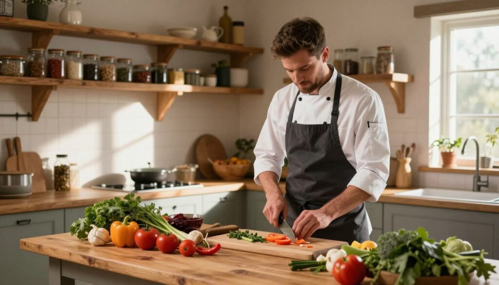 A cozy kitchen scene showcasing the transformation from working in a sawmill to pursuing culinary passion. In the foreground, a wooden table is artfully arranged with fresh, vibrant ingredients like vegetables and herbs, hinting at creativity. The middle ground features a chef, a male figure in a tidy chef's coat and apron, expertly chopping ingredients, his expression focused and content. The background reveals glimpses of a warm, inviting kitchen with rustic wooden shelves filled with jars and spices, and bright sunlight streaming through a window, casting soft shadows. The atmosphere is one of inspiration and warmth, evoking a sense of dedication to culinary arts. A wide-angle lens captures the entirety of this harmonious scene, enhancing the feeling of a welcoming, homey space. A cozy kitchen scene showcasing the transformation from working in a sawmill to pursuing culinary passion. In the foreground, a wooden table is artfully arranged with fresh, vibrant ingredients like vegetables and herbs, hinting at creativity. The middle ground features a chef, a male figure in a tidy chef's coat and apron, expertly chopping ingredients, his expression focused and content. The background reveals glimpses of a warm, inviting kitchen with rustic wooden shelves filled with jars and spices, and bright sunlight streaming through a window, casting soft shadows. The atmosphere is one of inspiration and warmth, evoking a sense of dedication to culinary arts. A wide-angle lens captures the entirety of this harmonious scene, enhancing the feeling of a welcoming, homey space.