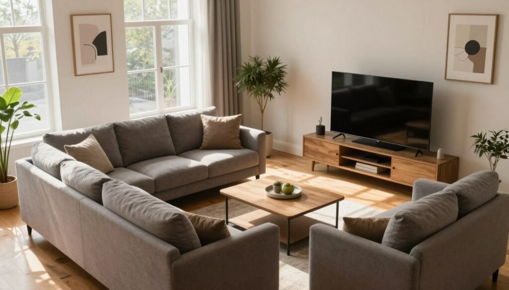 A cozy living room featuring a well-designed corner sofa, strategically placed in relation to large windows and a flat-screen television. The sofa is inviting with plush cushions and a stylish fabric, complemented by a modern coffee table in front. Sunlight pours in through the windows, casting soft shadows across the room. The background includes a warm-toned wooden floor and minimal decorative elements like potted plants and abstract wall art, creating a harmonious atmosphere. The scene is shot from a slightly elevated angle, emphasizing the layout and flow of the space, while ensuring an inviting and functional ambiance. The overall mood is serene and welcoming, ideal for relaxation and entertainment. A cozy living room featuring a well-designed corner sofa, strategically placed in relation to large windows and a flat-screen television. The sofa is inviting with plush cushions and a stylish fabric, complemented by a modern coffee table in front. Sunlight pours in through the windows, casting soft shadows across the room. The background includes a warm-toned wooden floor and minimal decorative elements like potted plants and abstract wall art, creating a harmonious atmosphere. The scene is shot from a slightly elevated angle, emphasizing the layout and flow of the space, while ensuring an inviting and functional ambiance. The overall mood is serene and welcoming, ideal for relaxation and entertainment.