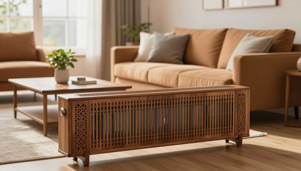 A cozy living room featuring an elegant radiator cover that stylishly conceals the heater while allowing heat to flow freely. The foreground shows the beautifully designed radiator cover, made of wood with intricate patterns and slats for ventilation. In the middle, a warm-toned sofa is placed with soft throw pillows, and a coffee table adorned with a small indoor plant adds a touch of greenery. The background reveals a softly lit room with large windows letting in natural light, highlighting the harmonious blend of modern decor and functionality. The atmosphere is inviting and homey, evoking comfort and warmth, with a focus on aesthetic charm. Soft shadows and warm lighting create a serene ambiance, ideal for a stylish and practical living space. A cozy living room featuring an elegant radiator cover that stylishly conceals the heater while allowing heat to flow freely. The foreground shows the beautifully designed radiator cover, made of wood with intricate patterns and slats for ventilation. In the middle, a warm-toned sofa is placed with soft throw pillows, and a coffee table adorned with a small indoor plant adds a touch of greenery. The background reveals a softly lit room with large windows letting in natural light, highlighting the harmonious blend of modern decor and functionality. The atmosphere is inviting and homey, evoking comfort and warmth, with a focus on aesthetic charm. Soft shadows and warm lighting create a serene ambiance, ideal for a stylish and practical living space.