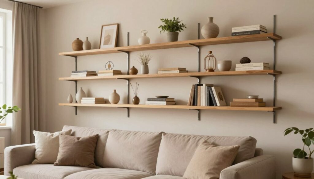 A cozy living room scene featuring an elegant wall with practical, modern shelves elegantly arranged. The foreground showcases a series of diverse shelves made of light wood, displaying a collection of personal items such as a small potted plant, books, and tasteful decorative pieces in neutral tones. In the middle, a plush, inviting couch with soft cushions in muted colors complements the shelves. The background is a softly lit wall painted in a warm hue, with natural light filtering in through a nearby window, creating a serene and welcoming atmosphere. The image should evoke a sense of comfort and personal style, captured in a slightly angled perspective that draws the viewer into the space. A cozy living room scene featuring an elegant wall with practical, modern shelves elegantly arranged. The foreground showcases a series of diverse shelves made of light wood, displaying a collection of personal items such as a small potted plant, books, and tasteful decorative pieces in neutral tones. In the middle, a plush, inviting couch with soft cushions in muted colors complements the shelves. The background is a softly lit wall painted in a warm hue, with natural light filtering in through a nearby window, creating a serene and welcoming atmosphere. The image should evoke a sense of comfort and personal style, captured in a slightly angled perspective that draws the viewer into the space.
