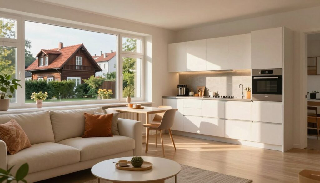 A cozy, modern apartment in Sopot, Poland, showcasing an inviting interior design. In the foreground, a stylish living area with a plush, cream-colored sofa adorned with colorful cushions and a minimalist coffee table. The middle section features a bright, airy kitchen with sleek cabinetry and a small dining nook bathed in warm sunlight streaming through large windows. In the background, a glimpse of Sopot's renowned architecture can be seen, with charming wooden houses and lush greenery. The scene is captured with soft, natural lighting to evoke a serene and welcoming atmosphere. The angle is from a slightly elevated perspective, creating depth and inviting the viewer into this tranquil space. A cozy, modern apartment in Sopot, Poland, showcasing an inviting interior design. In the foreground, a stylish living area with a plush, cream-colored sofa adorned with colorful cushions and a minimalist coffee table. The middle section features a bright, airy kitchen with sleek cabinetry and a small dining nook bathed in warm sunlight streaming through large windows. In the background, a glimpse of Sopot's renowned architecture can be seen, with charming wooden houses and lush greenery. The scene is captured with soft, natural lighting to evoke a serene and welcoming atmosphere. The angle is from a slightly elevated perspective, creating depth and inviting the viewer into this tranquil space.
