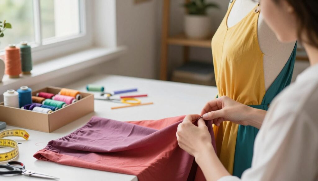 A cozy, well-lit home sewing area featuring a tailor's workspace. In the foreground, a pair of hands skillfully pinching and aligning a vibrant dress on a mannequin, demonstrating how to take in the sides without distorting the shape. The middle layer includes a sewing box filled with colorful threads, scissors, and measuring tape, hinting at the tools used for minor adjustments. In the background, soft natural light streams in through a window, illuminating the creativity and warmth of the space. The atmosphere is inviting and calm, capturing the essence of home craftsmanship. The scene should convey a sense of purpose and patience, making it clear that this is a meticulous process of clothing alteration.
