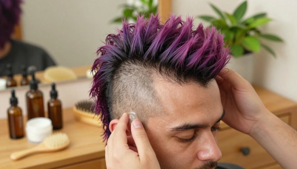 A detailed close-up of a person with a mohawk hairstyle, showcasing vibrant colors in the hair. The individual is applying a soothing scalp treatment using natural products like oils and creams, surrounded by an array of hair care tools and essential oils on a wooden vanity. Soft, warm lighting highlights the texture of both the hair and the skin, creating an inviting atmosphere. The background features blurred green plants, symbolizing freshness and vitality. The person's expression is focused and relaxed, embodying a sense of self-care. The composition emphasizes the importance of scalp health in maintaining a stylish mohawk, with an emphasis on modern hair care techniques. A detailed close-up of a person with a mohawk hairstyle, showcasing vibrant colors in the hair. The individual is applying a soothing scalp treatment using natural products like oils and creams, surrounded by an array of hair care tools and essential oils on a wooden vanity. Soft, warm lighting highlights the texture of both the hair and the skin, creating an inviting atmosphere. The background features blurred green plants, symbolizing freshness and vitality. The person's expression is focused and relaxed, embodying a sense of self-care. The composition emphasizes the importance of scalp health in maintaining a stylish mohawk, with an emphasis on modern hair care techniques.