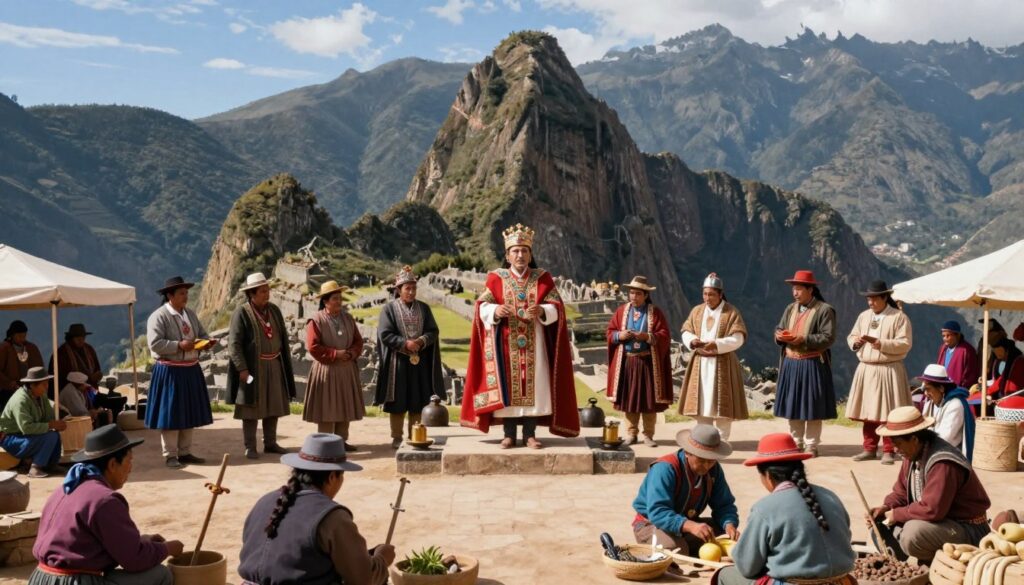 A detailed depiction of the social structure of the Inca Empire, showcasing a vibrant marketplace bustling with life in the foreground. In the middle ground, prominently feature an Inca ruler in ornate regalia, commanding respect, surrounded by advisors dressed in traditional, modest attire. Include farmers and artisans engaged in their daily tasks to signify the layers of society. The background should present the majestic Andean mountains under a clear blue sky, symbolizing the geographical context of the empire. Use warm, natural lighting to create an inviting atmosphere, emphasizing the richness of Inca culture. Capture the scene from a slightly elevated angle to provide a comprehensive view of this intricate social hierarchy. A detailed depiction of the social structure of the Inca Empire, showcasing a vibrant marketplace bustling with life in the foreground. In the middle ground, prominently feature an Inca ruler in ornate regalia, commanding respect, surrounded by advisors dressed in traditional, modest attire. Include farmers and artisans engaged in their daily tasks to signify the layers of society. The background should present the majestic Andean mountains under a clear blue sky, symbolizing the geographical context of the empire. Use warm, natural lighting to create an inviting atmosphere, emphasizing the richness of Inca culture. Capture the scene from a slightly elevated angle to provide a comprehensive view of this intricate social hierarchy.