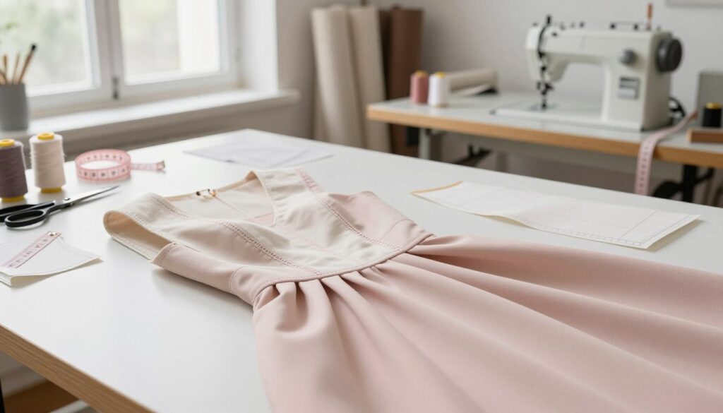 A detailed, elegant sewing workspace featuring a beautifully crafted dress with sewn-in inserts, showcasing the professional technique of adding volume. In the foreground, a close-up of the dress highlights intricate stitching and well-fitted panels, revealing rich fabrics in soft pastels. The middle ground includes a tailor's table adorned with sewing tools: scissors, thread spools, a measuring tape, and pinned fabric patterns. In the background, soft natural light streams through a window, illuminating a minimalistic, organized sewing studio filled with fabric rolls and a vintage sewing machine. The atmosphere is serene and focused, ideal for professional garment construction. Emphasize cleanliness and orderliness, underscoring a sense of craftsmanship and elegance.