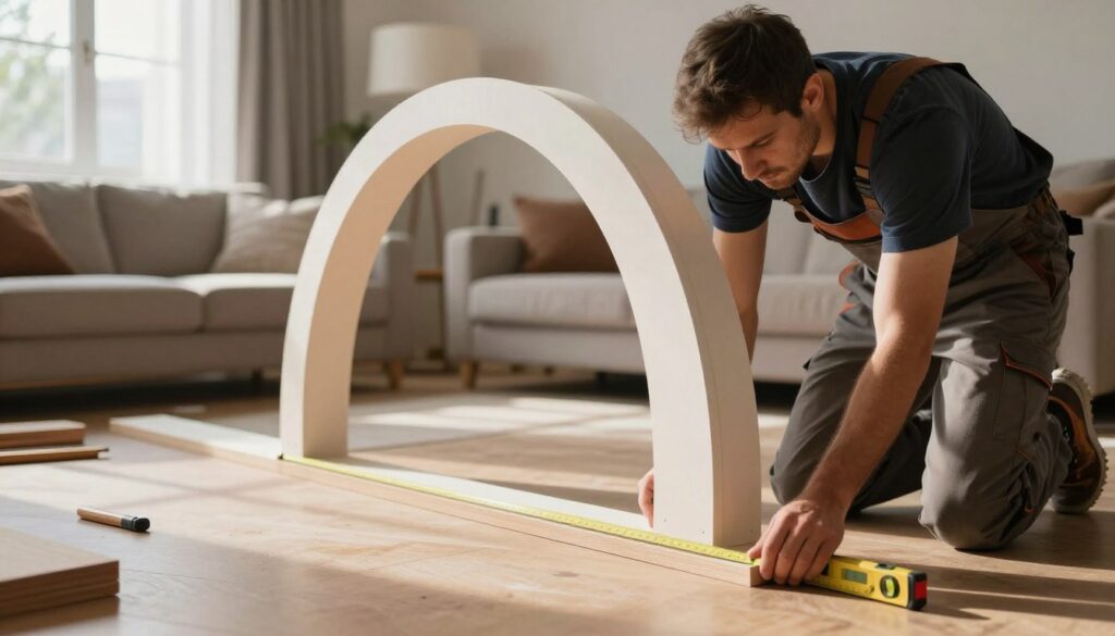 A detailed interior scene showcasing the preparation for installing an elegant archway in a living room. In the foreground, a skilled craftsman, dressed in professional work attire, meticulously measures and adjusts the base of the arch on the floor, using a level and measuring tape. In the middle ground, the arch structure is partially constructed, displaying precise cuts and well-fitted joints, with tools and wood pieces scattered around. The background features a stylish living room decor, with soft lighting filtering through a large window, casting gentle shadows. The atmosphere is calm and focused, emphasizing craftsmanship and attention to detail in geometry and structure. The overall image should convey a sense of sophistication and readiness for the finishing touches in home design. A detailed interior scene showcasing the preparation for installing an elegant archway in a living room. In the foreground, a skilled craftsman, dressed in professional work attire, meticulously measures and adjusts the base of the arch on the floor, using a level and measuring tape. In the middle ground, the arch structure is partially constructed, displaying precise cuts and well-fitted joints, with tools and wood pieces scattered around. The background features a stylish living room decor, with soft lighting filtering through a large window, casting gentle shadows. The atmosphere is calm and focused, emphasizing craftsmanship and attention to detail in geometry and structure. The overall image should convey a sense of sophistication and readiness for the finishing touches in home design.