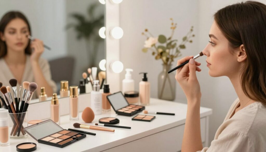 A detailed step-by-step guide to face makeup application, depicted in a well-lit beauty studio. In the foreground, a professional makeup artist with modest casual clothing demonstrates makeup techniques on a model. The artist is applying foundation, with various makeup products like brushes, palettes, and sponges visible around them. The middle layer showcases a neatly organized vanity with makeup tools and skincare products, highlighting preparation essentials. The background features soft lighting and decor typical of a stylish beauty salon, creating an inviting and comfortable atmosphere. The image should convey a sense of professionalism and expertise, with a warm and friendly ambiance, inviting viewers to learn makeup application effectively.