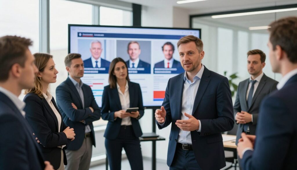 A dynamic and engaging scene depicting the essence of political marketing in Poland. In the foreground, a well-dressed political strategist, resembling Piotr Tymochowicz, discusses strategies with a diverse group of professionals, all in business attire, showcasing collaboration. The middle ground features a large screen displaying dynamic graphs and images of polish political leaders, illustrating their public personas and campaigns. In the background, a modern office space with large windows, allowing natural light to flood the room, emphasizes a professional atmosphere. The mood is focused and energetic, hinting at strategic planning and influence on public perception. Use a shallow depth of field to keep the strategist and team in sharp focus, while the background remains slightly blurred, enriching the visual narrative of political branding. A dynamic and engaging scene depicting the essence of political marketing in Poland. In the foreground, a well-dressed political strategist, resembling Piotr Tymochowicz, discusses strategies with a diverse group of professionals, all in business attire, showcasing collaboration. The middle ground features a large screen displaying dynamic graphs and images of polish political leaders, illustrating their public personas and campaigns. In the background, a modern office space with large windows, allowing natural light to flood the room, emphasizes a professional atmosphere. The mood is focused and energetic, hinting at strategic planning and influence on public perception. Use a shallow depth of field to keep the strategist and team in sharp focus, while the background remains slightly blurred, enriching the visual narrative of political branding.