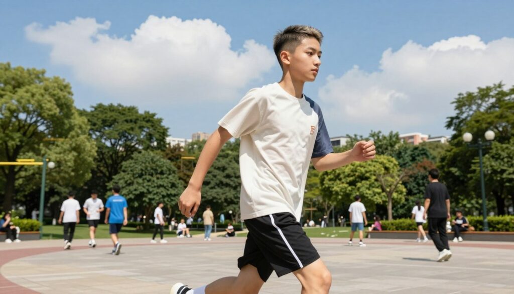 A dynamic and stylish teenage boy with short hair is showcased in an active setting, surrounded by a vibrant urban environment. The foreground features the boy wearing a casual, sporty outfit, emphasizing movement and energy. His hair is well-groomed with a contemporary style, reflecting a trendy, easy-to-maintain look. In the middle, the scene captures a park with greenery and people engaging in various activities, like jogging and playing sports. The background features a bright blue sky with fluffy clouds, adding to the lively atmosphere. The lighting is natural and sunny, enhancing the vibrancy of colors and creating a cheerful mood. Use a wide-angle lens for depth, ensuring a clear focus on the subject while capturing the lively surroundings. A dynamic and stylish teenage boy with short hair is showcased in an active setting, surrounded by a vibrant urban environment. The foreground features the boy wearing a casual, sporty outfit, emphasizing movement and energy. His hair is well-groomed with a contemporary style, reflecting a trendy, easy-to-maintain look. In the middle, the scene captures a park with greenery and people engaging in various activities, like jogging and playing sports. The background features a bright blue sky with fluffy clouds, adding to the lively atmosphere. The lighting is natural and sunny, enhancing the vibrancy of colors and creating a cheerful mood. Use a wide-angle lens for depth, ensuring a clear focus on the subject while capturing the lively surroundings.