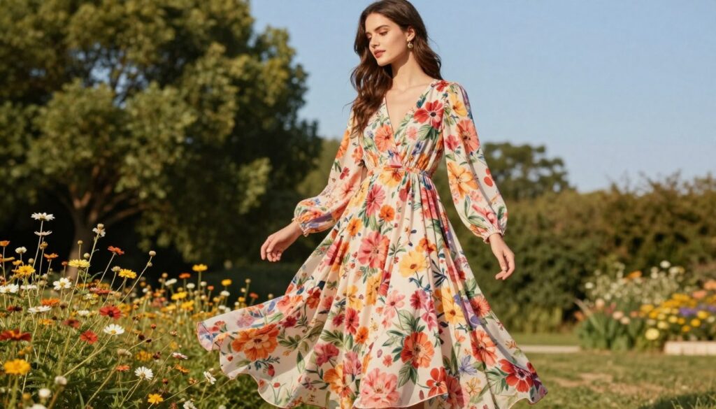A fashionable woman wearing a flowing maxi dress with long sleeves, standing in a sunlit outdoor setting during summer. The dress features a vibrant floral pattern, complementing the warm ambiance of the scene. She is elegantly posed, with gentle breezes causing the fabric to sway slightly, giving a sense of movement. In the foreground, vibrant wildflowers are visible, while the middle ground showcases lush green trees under a clear blue sky. The background features a soft-focus garden, enhancing the tranquil atmosphere. The lighting is warm and inviting, reminiscent of a bright summer day, captured with a shallow depth of field to emphasize the subject. The overall mood feels relaxed and chic, perfect for summer styling inspiration.