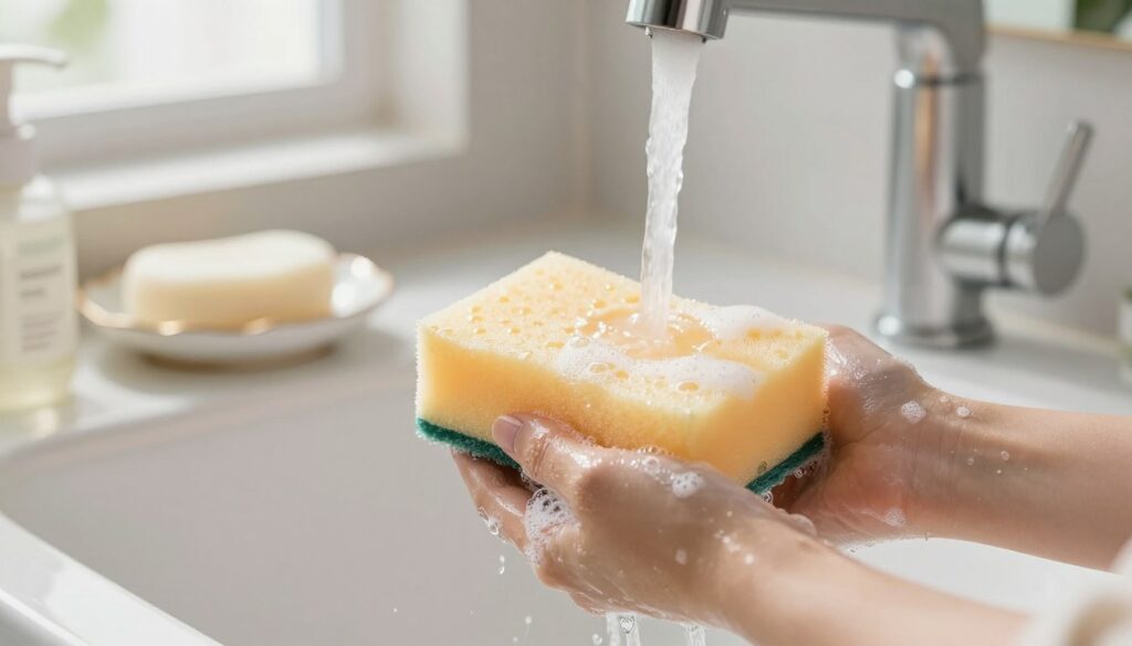 A fresh, clean makeup sponge being washed under a gently running stream of warm water in a well-lit bathroom setting. In the foreground, the focus is on the vibrant, soft sponge, with soap bubbles forming and water droplets glistening on its surface, showcasing the cleaning process. The middle ground features a stylish sink with a decorative soap dish and a small bottle of gentle cleanser nearby, adding a touch of elegance and organization. In the background, soft, diffused natural light streams in through a window, creating a warm and inviting atmosphere. The color palette includes soft pastels and clean whites, evoking a sense of purity and freshness. Capture this moment with a shallow depth of field to emphasize the sponge and the washing action, ensuring the scene feels tranquil and refreshing. A fresh, clean makeup sponge being washed under a gently running stream of warm water in a well-lit bathroom setting. In the foreground, the focus is on the vibrant, soft sponge, with soap bubbles forming and water droplets glistening on its surface, showcasing the cleaning process. The middle ground features a stylish sink with a decorative soap dish and a small bottle of gentle cleanser nearby, adding a touch of elegance and organization. In the background, soft, diffused natural light streams in through a window, creating a warm and inviting atmosphere. The color palette includes soft pastels and clean whites, evoking a sense of purity and freshness. Capture this moment with a shallow depth of field to emphasize the sponge and the washing action, ensuring the scene feels tranquil and refreshing.