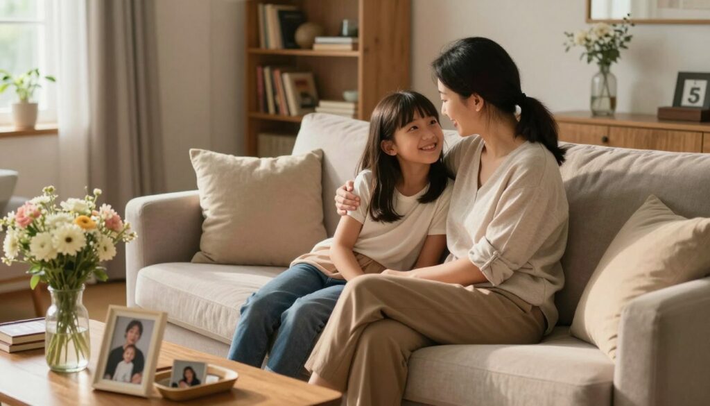 A heartfelt scene depicting a mother and daughter sharing a warm moment in a cozy living room. In the foreground, the mother, dressed in a modest, stylish outfit, sits on a plush sofa, while her daughter, in a casual yet smart attire, leans against her. They are engaged in a tender conversation, with genuine smiles that reflect their close bond. In the middle, a small coffee table adorned with family photos and a vase of fresh flowers emphasizes their connection. The background features soft-lit shelves filled with books and trinkets, creating an inviting atmosphere. The overall mood is warm and loving, illuminated by soft, natural light streaming in from a nearby window, captured from a slightly elevated angle to enhance the emotional depth of their relationship. A heartfelt scene depicting a mother and daughter sharing a warm moment in a cozy living room. In the foreground, the mother, dressed in a modest, stylish outfit, sits on a plush sofa, while her daughter, in a casual yet smart attire, leans against her. They are engaged in a tender conversation, with genuine smiles that reflect their close bond. In the middle, a small coffee table adorned with family photos and a vase of fresh flowers emphasizes their connection. The background features soft-lit shelves filled with books and trinkets, creating an inviting atmosphere. The overall mood is warm and loving, illuminated by soft, natural light streaming in from a nearby window, captured from a slightly elevated angle to enhance the emotional depth of their relationship.