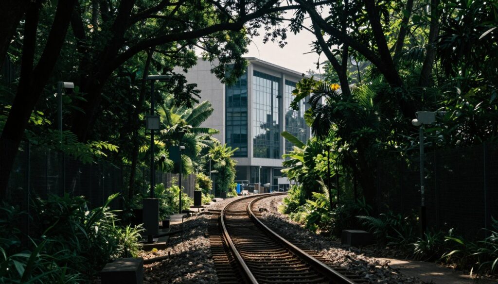 A hidden railway infrastructure connecting official residences, set deep in a lush forest. In the foreground, detailed railway tracks intertwine with dense greenery, large trees arching over them, casting dappled shadows. The middle ground features an imposing, modern building slightly obscured by the foliage, reflecting sleek architecture, with strategically placed security features like cameras and fences. In the background, soft beams of sunlight filter through the canopy, creating an atmosphere of secrecy and intrigue. The angle is slightly elevated, giving a panoramic view of the secluded area. The color palette is rich with deep greens and earthy tones, invoking a sense of mystery and urgency. The overall mood is tense yet serene, capturing the essence of hidden pathways and undisclosed operations. A hidden railway infrastructure connecting official residences, set deep in a lush forest. In the foreground, detailed railway tracks intertwine with dense greenery, large trees arching over them, casting dappled shadows. The middle ground features an imposing, modern building slightly obscured by the foliage, reflecting sleek architecture, with strategically placed security features like cameras and fences. In the background, soft beams of sunlight filter through the canopy, creating an atmosphere of secrecy and intrigue. The angle is slightly elevated, giving a panoramic view of the secluded area. The color palette is rich with deep greens and earthy tones, invoking a sense of mystery and urgency. The overall mood is tense yet serene, capturing the essence of hidden pathways and undisclosed operations.