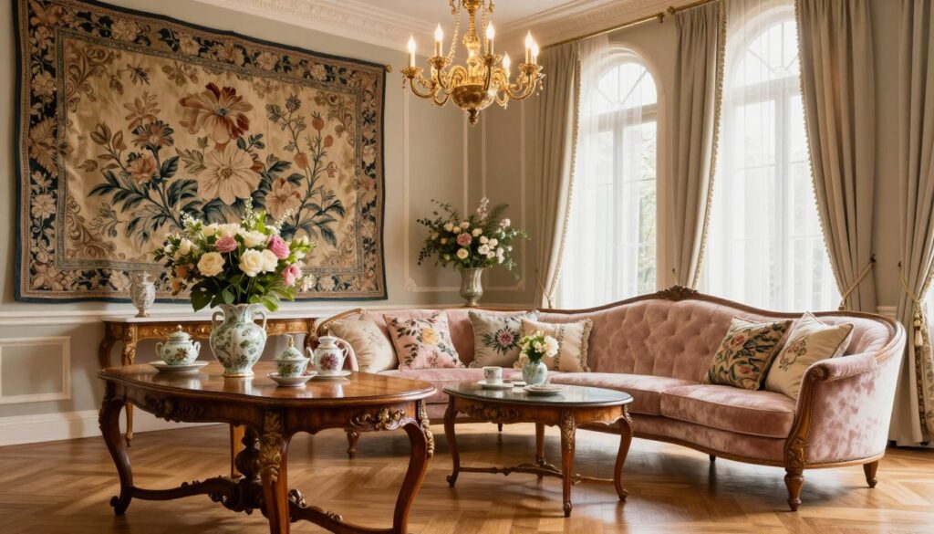 A luxurious French interior showcasing elegant design elements. In the foreground, a grand, ornate wooden table adorned with delicate porcelain and a vase of fresh flowers. The middle layer captures a plush velvet sofa in soft pastel tones, stylishly arranged with embroidered cushions. Rich tapestries with floral patterns adorn the walls, while an intricately designed chandelier softly illuminates the space. The background features large, arched windows dressed in sheer drapes, allowing warm, natural light to filter through, creating a cozy atmosphere. Add subtle reflections on polished wooden floors to enhance sophistication. The overall mood is refined and welcoming, embodying the timeless elegance of French interior design. A luxurious French interior showcasing elegant design elements. In the foreground, a grand, ornate wooden table adorned with delicate porcelain and a vase of fresh flowers. The middle layer captures a plush velvet sofa in soft pastel tones, stylishly arranged with embroidered cushions. Rich tapestries with floral patterns adorn the walls, while an intricately designed chandelier softly illuminates the space. The background features large, arched windows dressed in sheer drapes, allowing warm, natural light to filter through, creating a cozy atmosphere. Add subtle reflections on polished wooden floors to enhance sophistication. The overall mood is refined and welcoming, embodying the timeless elegance of French interior design.