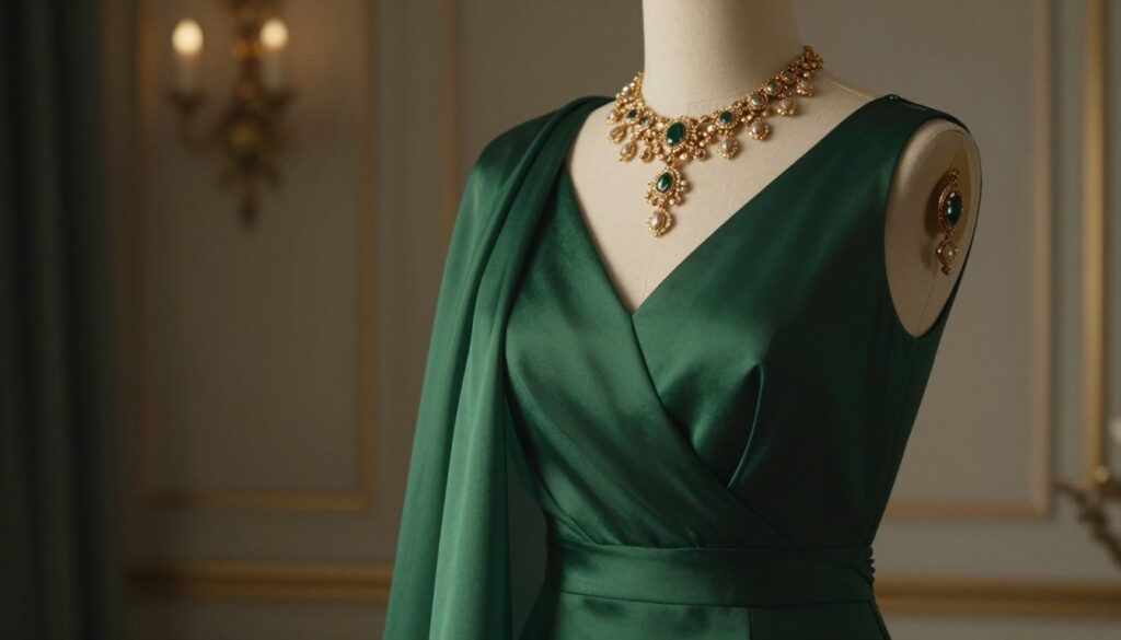 A luxurious bottle green dress elegantly draped on a mannequin, adorned with delicate gold jewelry that highlights its rich hues. The foreground features intricate details of the necklace and earrings, glimmering under soft, ambient lighting, creating a sense of sophistication. In the middle, a softly blurred silk scarf complements the outfit, enhancing the deep tones of green. The background showcases an elegant room with muted, warm colors, enhancing the overall atmosphere of opulence and style. A gentle spotlight illuminates the dress, casting subtle shadows that add depth to the composition. The scene exudes a refined, graceful mood, capturing the essence of elegance associated with bottle green and its jewelry pairing.