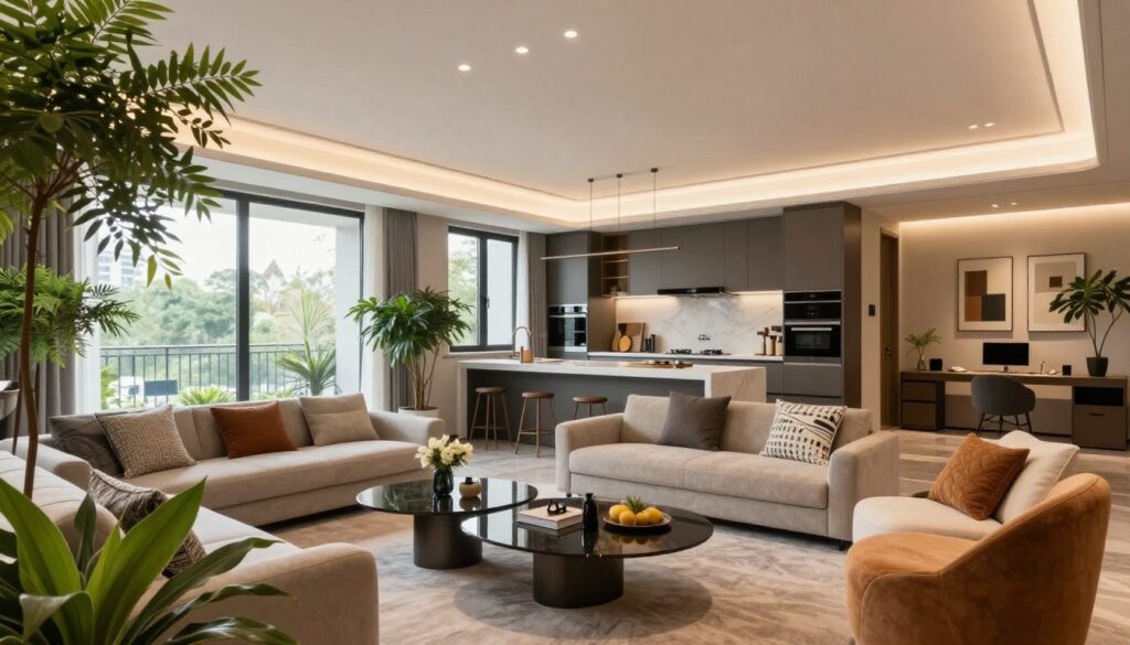 A luxurious home interior showcasing unique amenities that reflect a modern lifestyle. In the foreground, vibrant indoor plants elegantly frame a sleek, contemporary living area filled with plush furniture and artistic decor. The middle ground features a stunning open-plan kitchen with high-end appliances, a spacious island, and stylish counter seating. Large windows allow natural light to flood the space, enhancing the warm and inviting atmosphere. In the background, a glimpse of a well-designed home office with modern technology and creative workspace elements can be seen. The lighting is soft and ambient, suggesting a cozy yet sophisticated mood. Capture this scene with a wide-angle lens to highlight the spaciousness and elegance of this exceptional home environment. A luxurious home interior showcasing unique amenities that reflect a modern lifestyle. In the foreground, vibrant indoor plants elegantly frame a sleek, contemporary living area filled with plush furniture and artistic decor. The middle ground features a stunning open-plan kitchen with high-end appliances, a spacious island, and stylish counter seating. Large windows allow natural light to flood the space, enhancing the warm and inviting atmosphere. In the background, a glimpse of a well-designed home office with modern technology and creative workspace elements can be seen. The lighting is soft and ambient, suggesting a cozy yet sophisticated mood. Capture this scene with a wide-angle lens to highlight the spaciousness and elegance of this exceptional home environment.