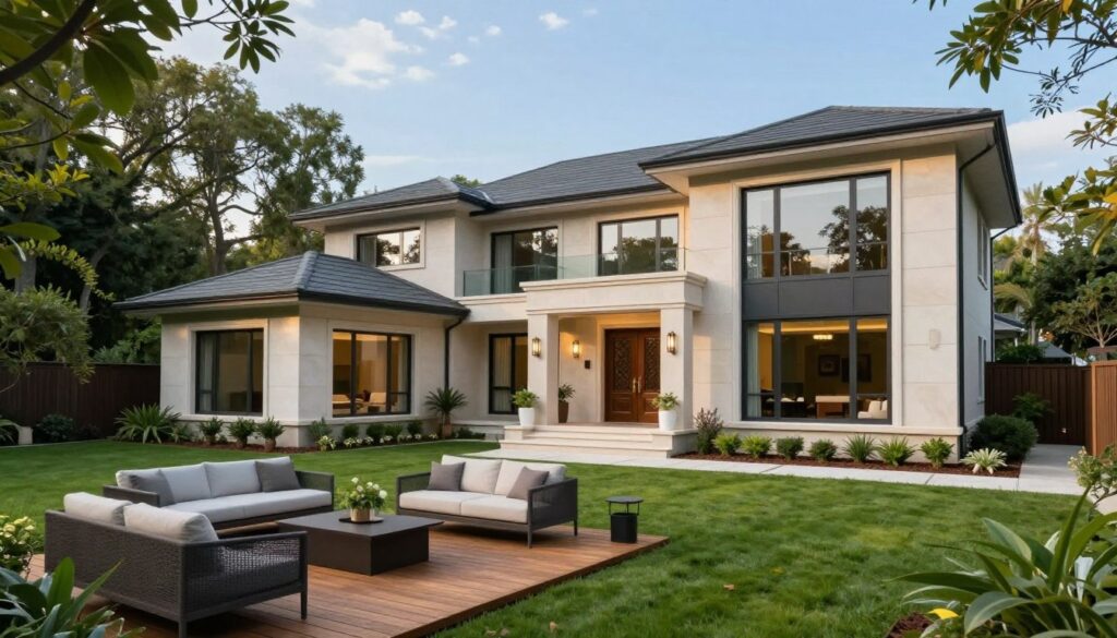 A luxurious modern house in a serene suburban setting, showcasing a sleek architectural style with large glass windows and a manicured front lawn. In the foreground, a contemporary outdoor lounge area with stylish furniture—a wooden deck surrounded by lush greenery. The middle ground features the grand entrance of the property, with elegant stone steps leading up to a sophisticated door. In the background, towering trees and a clear blue sky create a peaceful atmosphere. Soft, natural lighting highlights the warm tones of the house, reflecting a welcoming and affluent residence. Emphasize an inviting and tranquil ambiance, ideal for a personal retreat. A luxurious modern house in a serene suburban setting, showcasing a sleek architectural style with large glass windows and a manicured front lawn. In the foreground, a contemporary outdoor lounge area with stylish furniture—a wooden deck surrounded by lush greenery. The middle ground features the grand entrance of the property, with elegant stone steps leading up to a sophisticated door. In the background, towering trees and a clear blue sky create a peaceful atmosphere. Soft, natural lighting highlights the warm tones of the house, reflecting a welcoming and affluent residence. Emphasize an inviting and tranquil ambiance, ideal for a personal retreat.