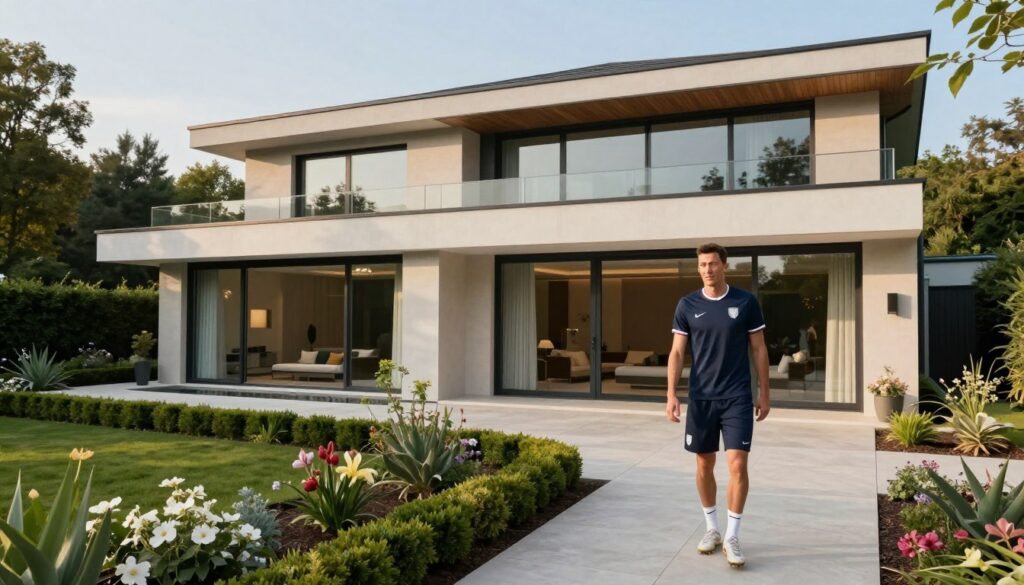 A luxurious modern property, showcasing the affluent lifestyle of a famous soccer player. In the foreground, a beautifully landscaped garden with elegant flowers and manicured hedges, leading to the main entrance of the house. The middle ground features a contemporary mansion with large glass windows reflecting the surroundings, designed in a minimalist style with neutral tones. In the background, a serene tree line provides a peaceful atmosphere, while a clear blue sky enhances the inviting scene. Soft, natural lighting creates a warm and welcoming ambiance. Overall, the image evokes a sense of family and comfort in a high-end residential setting, suitable for Robert Lewandowski's home in Poland. A luxurious modern property, showcasing the affluent lifestyle of a famous soccer player. In the foreground, a beautifully landscaped garden with elegant flowers and manicured hedges, leading to the main entrance of the house. The middle ground features a contemporary mansion with large glass windows reflecting the surroundings, designed in a minimalist style with neutral tones. In the background, a serene tree line provides a peaceful atmosphere, while a clear blue sky enhances the inviting scene. Soft, natural lighting creates a warm and welcoming ambiance. Overall, the image evokes a sense of family and comfort in a high-end residential setting, suitable for Robert Lewandowski's home in Poland.