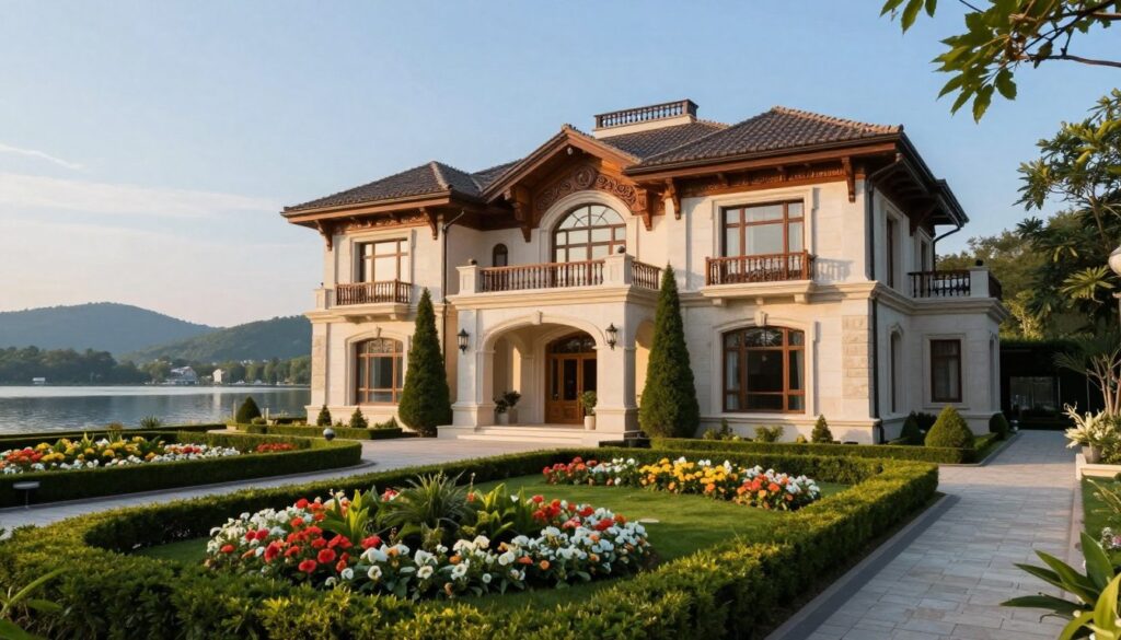 A luxurious residence in Wałdaj, showcasing opulent architecture influenced by Russian classical styles. The foreground features a beautifully landscaped garden with manicured hedges and vibrant flower beds. In the middle ground, an impressive facade with large windows, intricate woodwork, and a grand entrance surrounded by tall, stately trees. The background captures a serene lake reflecting the building, set against a backdrop of gently rolling hills under a clear blue sky. Soft, warm lighting casts a golden glow, creating a tranquil and majestic atmosphere. The image should evoke a sense of exclusivity and grandeur, emphasizing the luxurious lifestyle associated with high-profile residences. A luxurious residence in Wałdaj, showcasing opulent architecture influenced by Russian classical styles. The foreground features a beautifully landscaped garden with manicured hedges and vibrant flower beds. In the middle ground, an impressive facade with large windows, intricate woodwork, and a grand entrance surrounded by tall, stately trees. The background captures a serene lake reflecting the building, set against a backdrop of gently rolling hills under a clear blue sky. Soft, warm lighting casts a golden glow, creating a tranquil and majestic atmosphere. The image should evoke a sense of exclusivity and grandeur, emphasizing the luxurious lifestyle associated with high-profile residences.