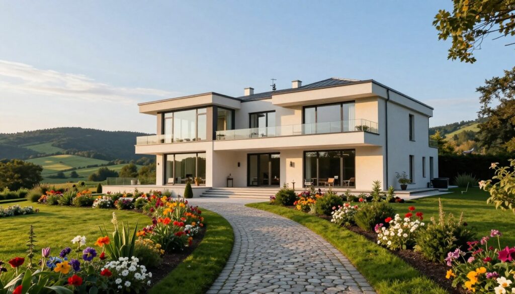 A luxurious villa nestled in the scenic countryside just outside Krakow. The foreground showcases a beautifully manicured garden with vibrant flowers and a cobblestone pathway leading up to the grand entrance. In the middle, the villa itself is a stunning modern architectural masterpiece, featuring large glass windows, a sleek facade, and a spacious balcony that offers a panoramic view of the rolling hills in the background. Soft, golden hour sunlight bathes the scene, creating an inviting and warm atmosphere. The background reveals lush green hills and a clear blue sky, enhancing the tranquility of the setting. Capture this idyllic scene with a wide-angle lens, emphasizing the villa’s grandeur amidst the serene natural landscape. A luxurious villa nestled in the scenic countryside just outside Krakow. The foreground showcases a beautifully manicured garden with vibrant flowers and a cobblestone pathway leading up to the grand entrance. In the middle, the villa itself is a stunning modern architectural masterpiece, featuring large glass windows, a sleek facade, and a spacious balcony that offers a panoramic view of the rolling hills in the background. Soft, golden hour sunlight bathes the scene, creating an inviting and warm atmosphere. The background reveals lush green hills and a clear blue sky, enhancing the tranquility of the setting. Capture this idyllic scene with a wide-angle lens, emphasizing the villa’s grandeur amidst the serene natural landscape.