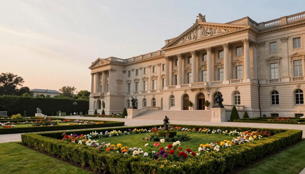 A majestic palace exterior, showcasing classic European architecture with grand columns, intricate stonework, and a large staircase leading to a beautifully designed entrance. The foreground features lush gardens with well-kept hedges and colorful flower beds, while the middle ground reveals a spacious terrace adorned with elegant sculptures. In the background, the sky is painted with soft, warm light, indicating a late afternoon ambiance. Use a wide-angle perspective to capture the expansive grounds, emphasizing the grandeur of the structure. The mood is regal and inviting, reflecting the esteemed nature of the president's residence. Ensure the image is free of any text or overlays. A majestic palace exterior, showcasing classic European architecture with grand columns, intricate stonework, and a large staircase leading to a beautifully designed entrance. The foreground features lush gardens with well-kept hedges and colorful flower beds, while the middle ground reveals a spacious terrace adorned with elegant sculptures. In the background, the sky is painted with soft, warm light, indicating a late afternoon ambiance. Use a wide-angle perspective to capture the expansive grounds, emphasizing the grandeur of the structure. The mood is regal and inviting, reflecting the esteemed nature of the president's residence. Ensure the image is free of any text or overlays.