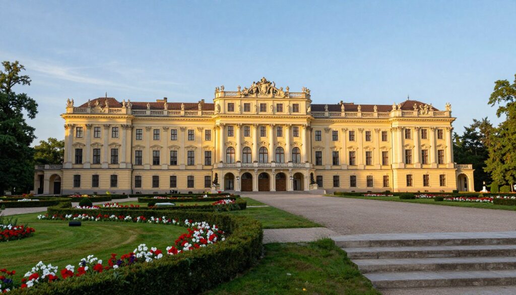 A majestic view of the Belweder Palace in Warsaw, Poland, showcasing its neoclassical architecture. In the foreground, well-manicured gardens with vibrant flowers lead to the grand entrance, framed by elegant stone steps. The middle ground features the palace's stunning facade, adorned with intricate sculptures and tall columns, catching the soft golden light of a late afternoon sun. In the background, the serene atmosphere is accentuated by the lush greenery of the surrounding trees and a clear blue sky. The image should evoke a sense of historic grandeur and tranquility, highlighting the palace's significance as a presidential residence. Use a slightly elevated camera angle for a captivating perspective, ensuring the scene is well-lit with warm, inviting tones. A majestic view of the Belweder Palace in Warsaw, Poland, showcasing its neoclassical architecture. In the foreground, well-manicured gardens with vibrant flowers lead to the grand entrance, framed by elegant stone steps. The middle ground features the palace's stunning facade, adorned with intricate sculptures and tall columns, catching the soft golden light of a late afternoon sun. In the background, the serene atmosphere is accentuated by the lush greenery of the surrounding trees and a clear blue sky. The image should evoke a sense of historic grandeur and tranquility, highlighting the palace's significance as a presidential residence. Use a slightly elevated camera angle for a captivating perspective, ensuring the scene is well-lit with warm, inviting tones.