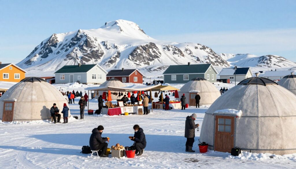 A modern Inuit community scene in the Arctic, showcasing traditional igloos juxtaposed with contemporary homes, symbolizing adaptation to climate. In the foreground, Inuit families dressed in modest winter clothing engage in daily activities, such as fishing and crafting. The middle layer features a vibrant marketplace with stalls displaying local crafts and food, surrounded by snow-covered landscapes. In the background, majestic snow-capped mountains and a bright blue sky create a striking contrast against the white terrain. Soft, natural daylight illuminates the scene, casting gentle shadows, conveying a sense of harmony and community resilience in a harsh environment. The atmosphere is warm and inviting, reflecting the Inuit's connection to their land and lifestyle. A modern Inuit community scene in the Arctic, showcasing traditional igloos juxtaposed with contemporary homes, symbolizing adaptation to climate. In the foreground, Inuit families dressed in modest winter clothing engage in daily activities, such as fishing and crafting. The middle layer features a vibrant marketplace with stalls displaying local crafts and food, surrounded by snow-covered landscapes. In the background, majestic snow-capped mountains and a bright blue sky create a striking contrast against the white terrain. Soft, natural daylight illuminates the scene, casting gentle shadows, conveying a sense of harmony and community resilience in a harsh environment. The atmosphere is warm and inviting, reflecting the Inuit's connection to their land and lifestyle.