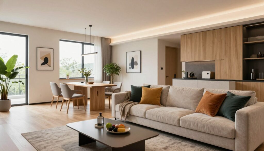 A modern apartment interior showcasing contemporary design and stylish décor. The foreground features a chic living room with a plush, L-shaped sofa adorned with colorful cushions and a sleek coffee table. In the middle, a minimalist dining area with an elegant wooden table and designer chairs, all enhanced by tasteful artwork on the walls. The background reveals large windows allowing natural light to flood the space, emphasizing the warm, inviting atmosphere. Soft, ambient lighting adds a cozy feel, while light wood and neutral tones provide a sophisticated backdrop. Incorporate a combination of greenery through indoor plants and decorative elements, creating a vibrant yet relaxing environment that embodies modern living. A modern apartment interior showcasing contemporary design and stylish décor. The foreground features a chic living room with a plush, L-shaped sofa adorned with colorful cushions and a sleek coffee table. In the middle, a minimalist dining area with an elegant wooden table and designer chairs, all enhanced by tasteful artwork on the walls. The background reveals large windows allowing natural light to flood the space, emphasizing the warm, inviting atmosphere. Soft, ambient lighting adds a cozy feel, while light wood and neutral tones provide a sophisticated backdrop. Incorporate a combination of greenery through indoor plants and decorative elements, creating a vibrant yet relaxing environment that embodies modern living.