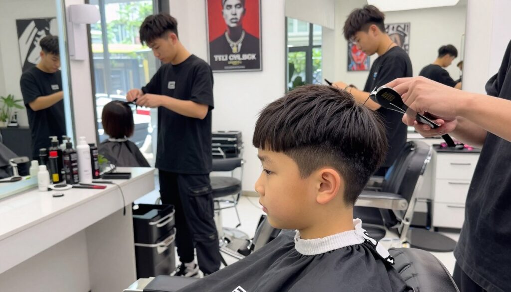 A modern barber shop interior showcasing a stylish young boy with a classic and contemporary bob haircut. The foreground features a well-groomed boy with a round face, sitting in a barber chair, dressed in a smart casual outfit. His hair is neatly styled, emphasizing the bob haircut’s adaptability to different face shapes. In the middle ground, barbers are engaged in cutting hair, with tools and products neatly arranged on a countertop. Soft, natural light filters through large windows, creating a warm and inviting atmosphere. The background showcases stylish décor, including mirrors and trendy posters. The overall mood is lively yet relaxed, highlighting the art of hair matching to face shapes. A modern barber shop interior showcasing a stylish young boy with a classic and contemporary bob haircut. The foreground features a well-groomed boy with a round face, sitting in a barber chair, dressed in a smart casual outfit. His hair is neatly styled, emphasizing the bob haircut’s adaptability to different face shapes. In the middle ground, barbers are engaged in cutting hair, with tools and products neatly arranged on a countertop. Soft, natural light filters through large windows, creating a warm and inviting atmosphere. The background showcases stylish décor, including mirrors and trendy posters. The overall mood is lively yet relaxed, highlighting the art of hair matching to face shapes.