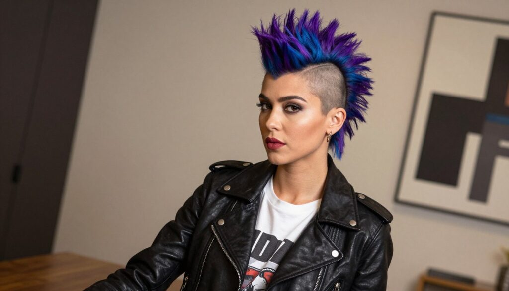 A modern female mohawk hairstyle, featuring a vibrant color palette with shades of purple and blue. The model has a confident expression, dressed in a stylish, fitted black leather jacket and a white graphic tee, embodying a bold and edgy vibe. Her hair is sculpted into a striking mohawk with shaved sides, emphasizing the contemporary take on the classic look. The scene is set indoors with soft, diffused lighting that casts gentle shadows, creating a sense of intimacy and warmth. The background features a minimalist urban setting with abstract art on the walls. The angle is slightly tilted to capture her from below, adding to the dramatic effect of the hairstyle while maintaining a professional and artistic atmosphere. A modern female mohawk hairstyle, featuring a vibrant color palette with shades of purple and blue. The model has a confident expression, dressed in a stylish, fitted black leather jacket and a white graphic tee, embodying a bold and edgy vibe. Her hair is sculpted into a striking mohawk with shaved sides, emphasizing the contemporary take on the classic look. The scene is set indoors with soft, diffused lighting that casts gentle shadows, creating a sense of intimacy and warmth. The background features a minimalist urban setting with abstract art on the walls. The angle is slightly tilted to capture her from below, adding to the dramatic effect of the hairstyle while maintaining a professional and artistic atmosphere.