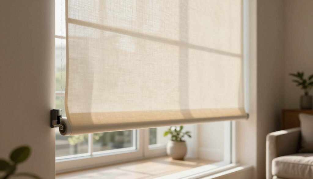 A modern living room featuring an elegant, non-invasive installation of roller blinds. In the foreground, showcase a close-up of the roller blind mechanism, demonstrating its easy mount against a stylish window frame. In the middle, display the roller blinds fully extended, filtering soft, diffused sunlight into the room, creating a warm and inviting atmosphere. The background reveals a tastefully decorated room with minimalist furnishings, potted indoor plants, and neutral-toned walls that enhance the sense of privacy and light control. The lighting should highlight the textures of the blind fabric and the sleek design of the installation, captured from a slight angle to emphasize depth. The overall mood is sophisticated and serene, perfect for a comfortable living space. A modern living room featuring an elegant, non-invasive installation of roller blinds. In the foreground, showcase a close-up of the roller blind mechanism, demonstrating its easy mount against a stylish window frame. In the middle, display the roller blinds fully extended, filtering soft, diffused sunlight into the room, creating a warm and inviting atmosphere. The background reveals a tastefully decorated room with minimalist furnishings, potted indoor plants, and neutral-toned walls that enhance the sense of privacy and light control. The lighting should highlight the textures of the blind fabric and the sleek design of the installation, captured from a slight angle to emphasize depth. The overall mood is sophisticated and serene, perfect for a comfortable living space.