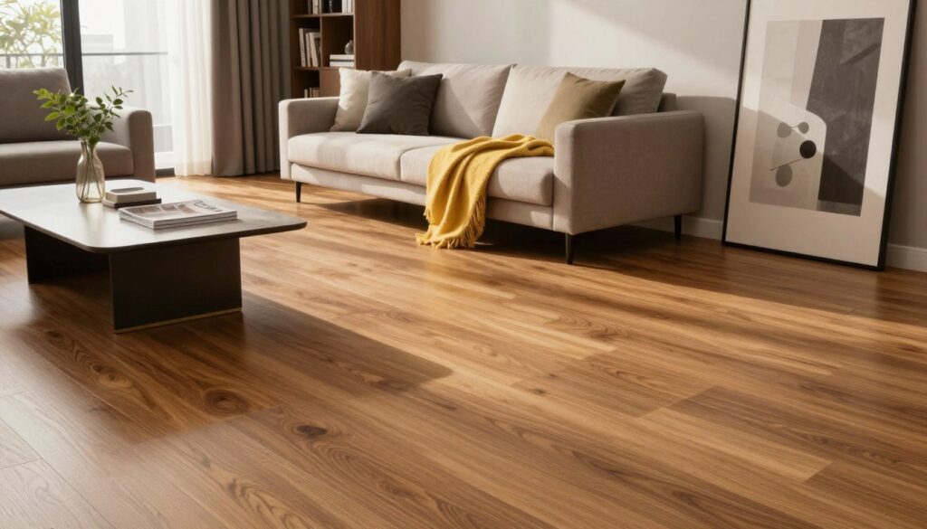 A modern living room featuring beautiful vinyl flooring, showcasing various shades and textures of wood grain. In the foreground, a sleek coffee table with a decorative plant and stylish magazines set the scene. The middle ground highlights a cozy sofa with neutral-colored cushions, complemented by a bright throw blanket. Large windows bathe the room in warm, natural light, enhancing the floor's intricate patterns. In the background, a tastefully decorated bookshelf and modern art pieces add character and elegance. The atmosphere is inviting and sophisticated, ideal for a contemporary interior. Soft shadows play across the floor, indicating late afternoon light, creating a serene and stylish ambiance.