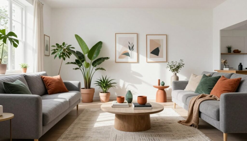 A modern living room featuring bright white walls, creating a spacious and airy ambiance. In the foreground, a plush grey sofa with colorful throw pillows adds warmth. A cozy, textured rug lies beneath a stylish coffee table adorned with books and decorative objects, incorporating earthy tones like terracotta and green to enhance the inviting feel. In the middle ground, lush indoor plants in chic pots introduce a touch of nature, while framed artwork on the walls adds character. Soft, natural light filters in through large windows, casting gentle shadows that enhance the room's depth. The overall mood is serene and welcoming, perfect for illustrating a sophisticated and harmonious living space. A modern living room featuring bright white walls, creating a spacious and airy ambiance. In the foreground, a plush grey sofa with colorful throw pillows adds warmth. A cozy, textured rug lies beneath a stylish coffee table adorned with books and decorative objects, incorporating earthy tones like terracotta and green to enhance the inviting feel. In the middle ground, lush indoor plants in chic pots introduce a touch of nature, while framed artwork on the walls adds character. Soft, natural light filters in through large windows, casting gentle shadows that enhance the room's depth. The overall mood is serene and welcoming, perfect for illustrating a sophisticated and harmonious living space.