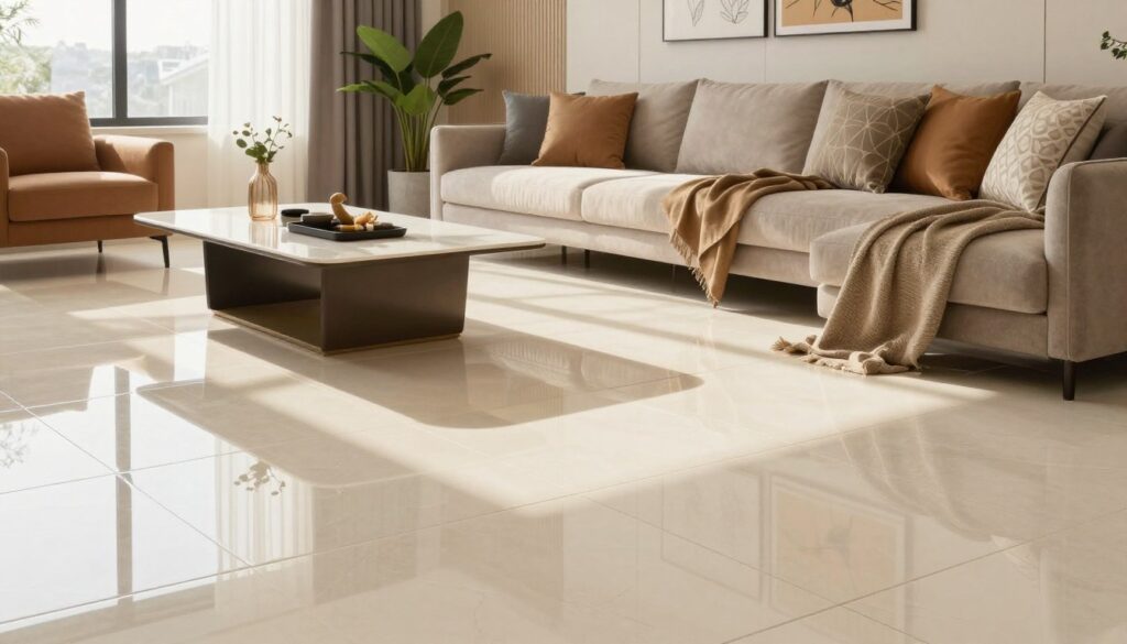 A modern living room featuring glossy tiles reflecting soft light, creating an inviting atmosphere. In the foreground, showcase a stylish coffee table and plush seating arrangement, emphasizing the polished tile floor that bounces sunlight from a nearby window. In the middle ground, include decorative elements like potted plants and artistic decor that enhance the appeal of the glossy tiles. In the background, display a wall with elegant artwork and a warm color palette, showcasing how the tiles interact with the ambient lighting. Use natural sunlight streaming through the window to highlight the sheen of the tiles, capturing the interplay of light and space. The overall mood should feel bright, stylish, and harmonious, illustrating the elegance of glossy tiles in a contemporary living environment.