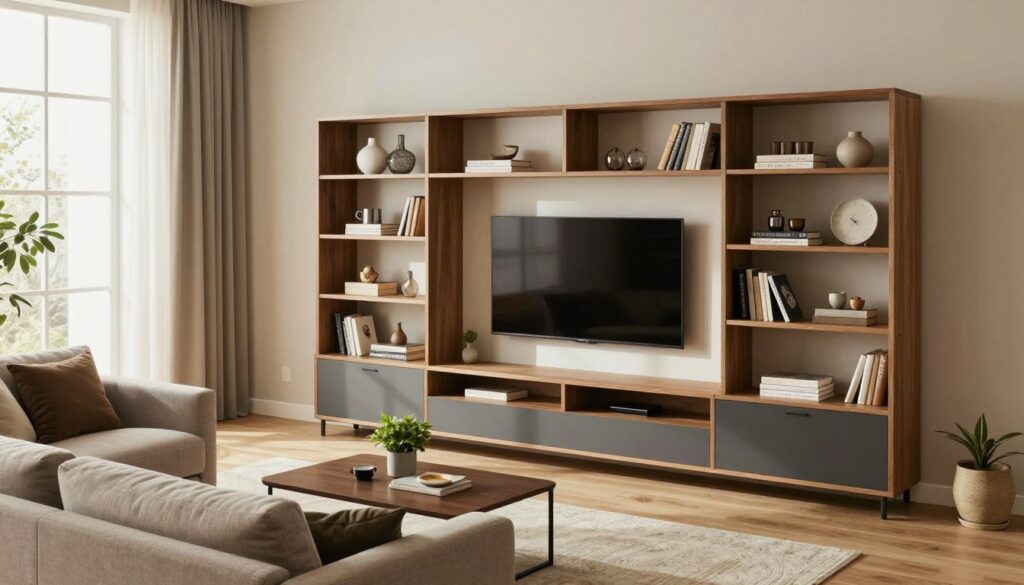 A modern living room featuring sleek modular shelving units that are stylishly arranged, showcasing a variety of decorative items and books. In the foreground, a comfortable sofa with soft cushions and a coffee table adorned with a small plant, creating a welcoming atmosphere. The middle ground includes a smart TV mounted on the wall, harmonizing with the minimalist design of the shelving. The background highlights large windows allowing soft, natural light to filter through sheer curtains, casting gentle shadows. Use a warm color palette with earthy tones to evoke a cozy, dynamic family space. Capture the scene from a slightly elevated angle to emphasize the depth and functionality of the modular furniture. The overall mood should be inviting and contemporary, perfect for dynamic family living. A modern living room featuring sleek modular shelving units that are stylishly arranged, showcasing a variety of decorative items and books. In the foreground, a comfortable sofa with soft cushions and a coffee table adorned with a small plant, creating a welcoming atmosphere. The middle ground includes a smart TV mounted on the wall, harmonizing with the minimalist design of the shelving. The background highlights large windows allowing soft, natural light to filter through sheer curtains, casting gentle shadows. Use a warm color palette with earthy tones to evoke a cozy, dynamic family space. Capture the scene from a slightly elevated angle to emphasize the depth and functionality of the modular furniture. The overall mood should be inviting and contemporary, perfect for dynamic family living.