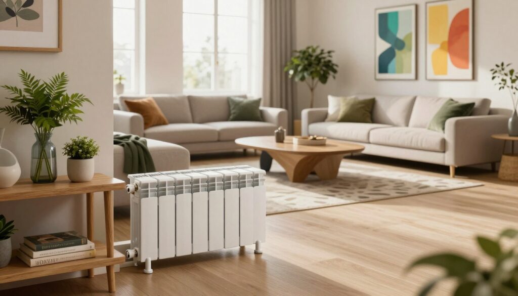 A modern living room showcasing creative radiator concealment solutions. In the foreground, a stylish radiator cover blends seamlessly with elegant wooden shelves, adorned with decorative plants and books. The middle space features a cozy seating arrangement with a sleek sofa and artistic coffee table, allowing for comfortable interaction. The background is softly lit, with large, light-filtering windows that allow natural light to wash over the room, creating a warm and inviting atmosphere. The color palette includes soft beige, inviting greens, and pops of vibrant art on the walls. Use a wide-angle lens to capture the entire scene, emphasizing the harmony between function and style while ensuring the radiator remains unobtrusive yet accessible for heat flow. The mood is calm, contemporary, and creatively inspiring. A modern living room showcasing creative radiator concealment solutions. In the foreground, a stylish radiator cover blends seamlessly with elegant wooden shelves, adorned with decorative plants and books. The middle space features a cozy seating arrangement with a sleek sofa and artistic coffee table, allowing for comfortable interaction. The background is softly lit, with large, light-filtering windows that allow natural light to wash over the room, creating a warm and inviting atmosphere. The color palette includes soft beige, inviting greens, and pops of vibrant art on the walls. Use a wide-angle lens to capture the entire scene, emphasizing the harmony between function and style while ensuring the radiator remains unobtrusive yet accessible for heat flow. The mood is calm, contemporary, and creatively inspiring.