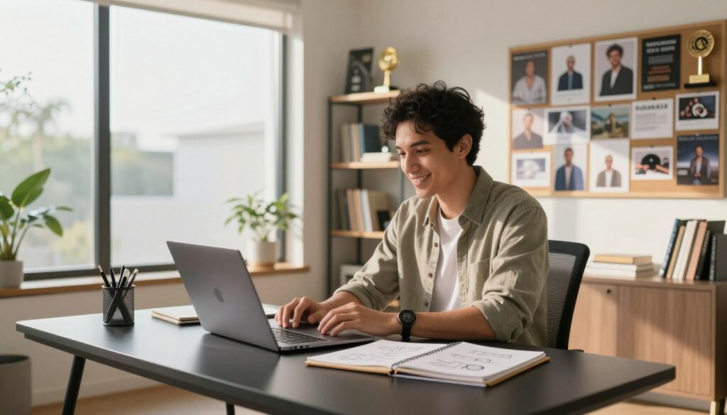 A modern, stylish home office space featuring Rezi, a well-known content creator, portrayed in modest casual clothing. He is seated at a sleek desk, visibly planning his future projects with a laptop open in front of him, notebooks scattered with ideas, and a vision board filled with inspirational images on the wall. The room is well-lit by natural daylight pouring in through large windows, casting soft shadows and creating a warm atmosphere. In the background, shelves display various personal branding books and awards, reflecting Rezi's journey. The mood is one of optimism and ambition, emphasizing growth and creativity as he shapes his personal brand for the future. The perspective is slightly angled to showcase both Rezi’s workspace and the inspirational environment around him. A modern, stylish home office space featuring Rezi, a well-known content creator, portrayed in modest casual clothing. He is seated at a sleek desk, visibly planning his future projects with a laptop open in front of him, notebooks scattered with ideas, and a vision board filled with inspirational images on the wall. The room is well-lit by natural daylight pouring in through large windows, casting soft shadows and creating a warm atmosphere. In the background, shelves display various personal branding books and awards, reflecting Rezi's journey. The mood is one of optimism and ambition, emphasizing growth and creativity as he shapes his personal brand for the future. The perspective is slightly angled to showcase both Rezi’s workspace and the inspirational environment around him.