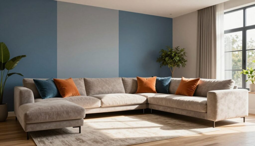 A modern stylish living room featuring a sophisticated blend of wall colors, showcasing techniques for color combination. In the foreground, elegant furniture with clean lines, including a plush sofa in a neutral shade, paired with vibrant accent pillows. The middle ground displays walls painted in a harmonious palette of muted blues and earth tones, with sections of accent colors highlighting creative techniques. Bright sunlight floods through large windows, casting warm shadows across the floor, enhancing the inviting atmosphere. In the background, decorative houseplants add a touch of freshness. The overall mood is contemporary and inviting, perfect for inspiring interior design ideas. A modern stylish living room featuring a sophisticated blend of wall colors, showcasing techniques for color combination. In the foreground, elegant furniture with clean lines, including a plush sofa in a neutral shade, paired with vibrant accent pillows. The middle ground displays walls painted in a harmonious palette of muted blues and earth tones, with sections of accent colors highlighting creative techniques. Bright sunlight floods through large windows, casting warm shadows across the floor, enhancing the inviting atmosphere. In the background, decorative houseplants add a touch of freshness. The overall mood is contemporary and inviting, perfect for inspiring interior design ideas.