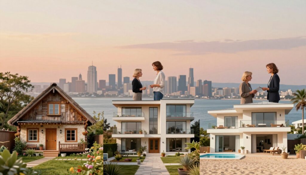 A montage depicting the evolution of artist Edyta Górniak's residences over the years. The foreground features detailed representations of three distinct homes: a cozy rustic house with a garden, a modern urban apartment with panoramic city views, and a stylish beachside villa. Each structure should showcase unique architectural styles, adorned with personal elements reflecting her artistic journey. In the middle ground, subtle silhouettes of Edyta interacting with each space, dressed in professional, modest attire, hinting at her connection to these locations. The background includes a soft, dreamy skyline transitioning from rural to urban to coastal, with warm, inviting lighting that creates a nostalgic and inspiring atmosphere. The overall mood conveys a sense of growth and transformation in her life and career, beautifully captured in a harmonious composition.