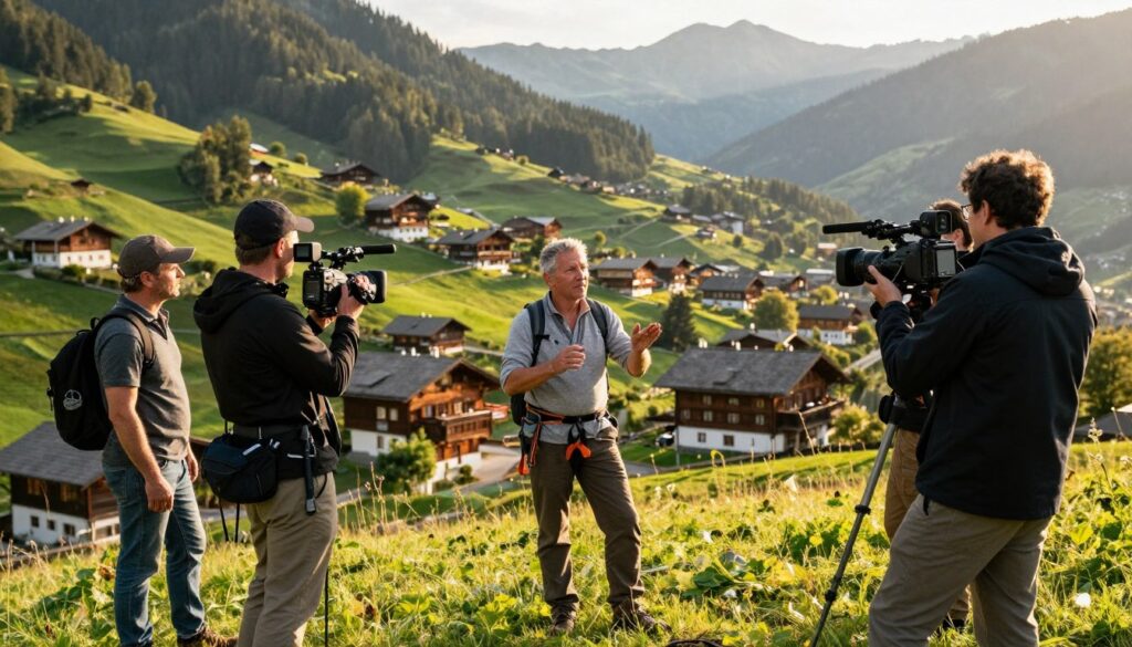 A picturesque mountain village in the background, showcasing traditional wooden houses and lush green hills that characterize the region. In the foreground, a modestly dressed middle-aged man, an authentic mountaineer, is discussing with a small camera crew. The crew, dressed in casual, professional attire, captures the essence of the man’s life beyond television. Warm sunlight filters through the trees, creating a golden hour glow that enhances the scene, with soft shadows adding depth. The atmosphere is welcoming and vibrant, reflecting the close-knit community culture of the mountain residents. The perspective is slightly elevated, offering a dynamic view that captures the beauty of both the subject and the stunning backdrop of the mountains.