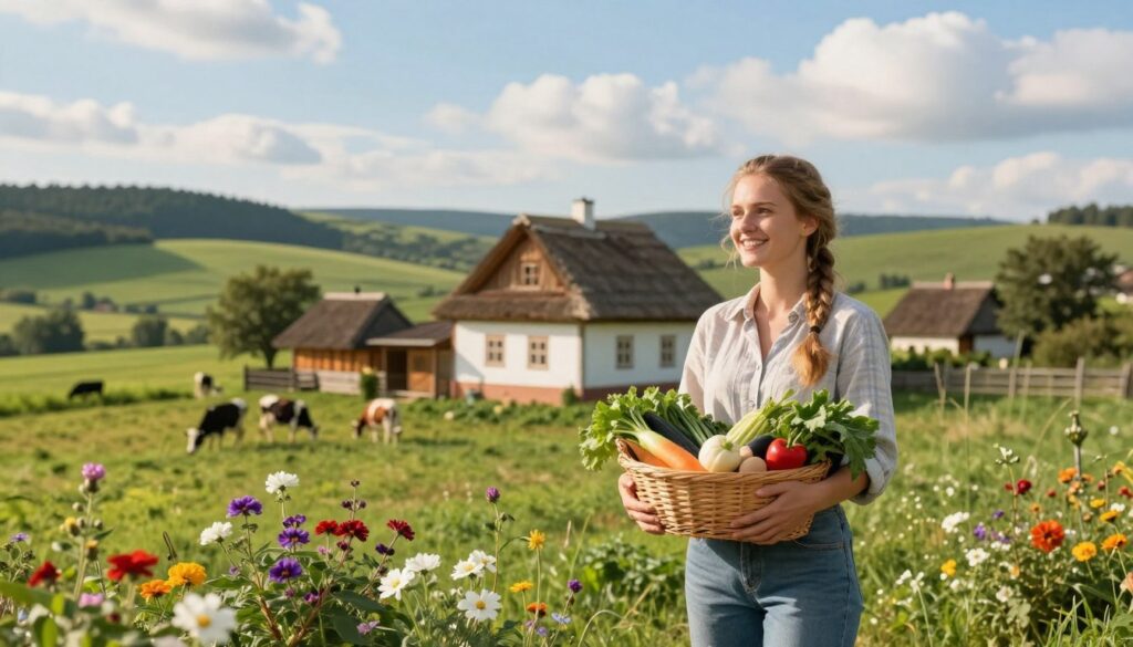 A picturesque rural scene depicting Klaudia, a young woman in modest casual clothing, standing in front of a traditional Polish farmhouse. She is smiling and holding a basket of freshly picked vegetables, showcasing her daily life on a farm. In the foreground, vibrant flowers bloom, adding color and life to the scene. The middle ground features the charming farmhouse with wooden accents and a thatched roof, surrounded by lush green fields and grazing animals. In the background, rolling hills stretch under a bright blue sky with fluffy clouds, evoking a peaceful countryside atmosphere. Soft, warm lighting suggests a late afternoon, creating an inviting and serene mood. The scene is captured from a slightly elevated angle, providing a panoramic view that emphasizes both Klaudia's joyful expression and the beauty of her rural surroundings.