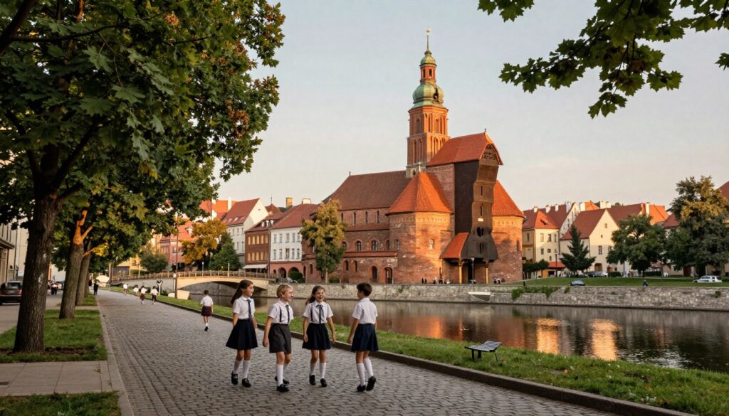 A picturesque scene of Bydgoszcz, Poland, during the 1950s, highlighting the city's historical architecture and lush greenery. The foreground features a charming cobblestone street lined with trees, with children in modest school uniforms playing and laughing. In the middle ground, the iconic Mill Island can be seen, showcasing its red-brick buildings and canals reflecting the warm, golden afternoon light. The background reveals the stunning Bydgoszcz Cathedral, towering over the landscape, bathed in soft sunlight. The mood is nostalgic and serene, evoking a sense of childhood innocence and connection to one's roots. The shot is taken from a low angle, capturing the vibrancy of the street while emphasizing the grandeur of the cathedral. A gentle breeze rustles the leaves, adding to the peaceful atmosphere. A picturesque scene of Bydgoszcz, Poland, during the 1950s, highlighting the city's historical architecture and lush greenery. The foreground features a charming cobblestone street lined with trees, with children in modest school uniforms playing and laughing. In the middle ground, the iconic Mill Island can be seen, showcasing its red-brick buildings and canals reflecting the warm, golden afternoon light. The background reveals the stunning Bydgoszcz Cathedral, towering over the landscape, bathed in soft sunlight. The mood is nostalgic and serene, evoking a sense of childhood innocence and connection to one's roots. The shot is taken from a low angle, capturing the vibrancy of the street while emphasizing the grandeur of the cathedral. A gentle breeze rustles the leaves, adding to the peaceful atmosphere.