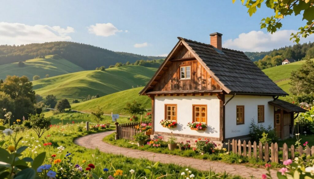 A picturesque scene of "dom skolima," depicting a charming, traditional house nestled in a lush green landscape, showcasing the connection to the local culture. In the foreground, the house features rustic wooden beams and warm, inviting windows, with colorful flowers blooming around it. The middle ground should include gentle hills, a soft path leading to the house, and a small garden. In the background, rolling hills and a clear blue sky fill the horizon, with soft sunlight casting a warm glow over the entire scene. The mood should evoke a sense of warmth, creativity, and tranquility, emphasizing the artist's connection to this inspiring environment. The composition should be vibrant, with a focus on natural elements, and captured from a slightly elevated angle, resembling a serene summer day.