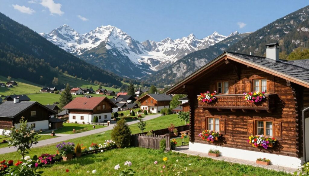 A picturesque view of Kamila Stoch's home in Ząb, Poland, surrounded by majestic Tatra Mountains. In the foreground, capture a traditional wooden chalet with intricate carvings, adorned with colorful flower boxes. A well-kept garden with lush green grass and blooming flowers adds a welcoming touch. In the middle ground, showcase the scenic village of Ząb with its winding paths and other rustic homes. The background features a panoramic view of the snow-capped Tatra peaks under a clear blue sky, with soft, natural lighting illuminating the landscape. The mood is peaceful and inviting, reflecting the charm of his home region and his deep connection to it. Capture the scene from a slightly elevated angle to highlight the breathtaking scenery. A picturesque view of Kamila Stoch's home in Ząb, Poland, surrounded by majestic Tatra Mountains. In the foreground, capture a traditional wooden chalet with intricate carvings, adorned with colorful flower boxes. A well-kept garden with lush green grass and blooming flowers adds a welcoming touch. In the middle ground, showcase the scenic village of Ząb with its winding paths and other rustic homes. The background features a panoramic view of the snow-capped Tatra peaks under a clear blue sky, with soft, natural lighting illuminating the landscape. The mood is peaceful and inviting, reflecting the charm of his home region and his deep connection to it. Capture the scene from a slightly elevated angle to highlight the breathtaking scenery.