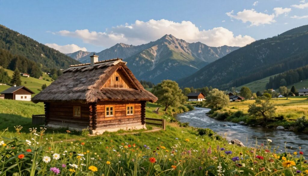 A picturesque view of a rustic house in the Polish mountains, representing the home of Piotr Żyła. The foreground features a cozy wooden cabin, adorned with a traditional thatched roof and surrounded by lush green grass and colorful wildflowers. In the middle ground, a serene, gently flowing river reflects the clear blue sky, while majestic mountains rise in the background, their peaks kissed by soft white clouds. The lighting is warm and inviting, suggesting late afternoon sun casting a golden hue over the scene. The atmosphere is calm and peaceful, evoking the essence of rural Polish life, with hints of the natural beauty that Piotr Żyła is connected to. The image captures the spirit of the region, emphasizing harmony between nature and home.